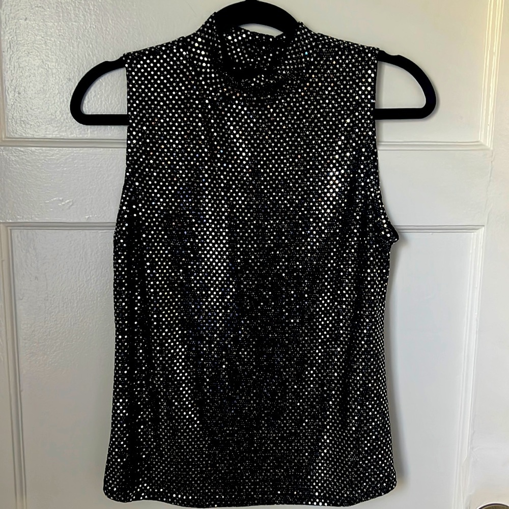 Black & Gray Sequin Mock Neck Sleeveless Top.